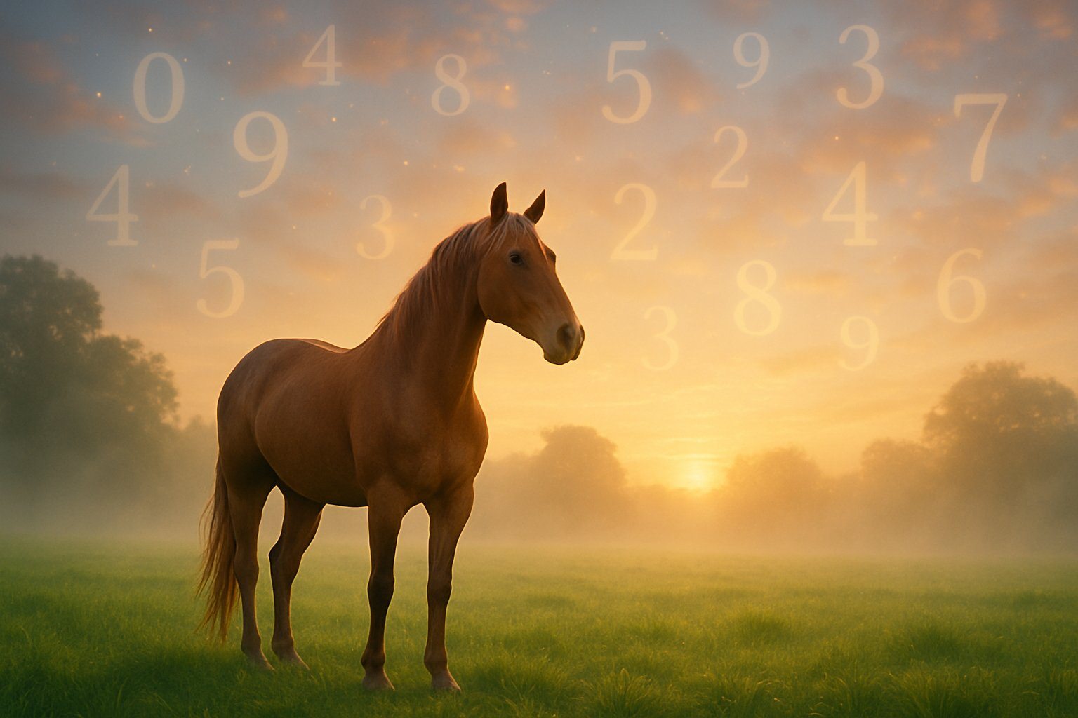 Cavalo majestoso em um campo verde ao amanhecer com números flutuando suavemente no céu.