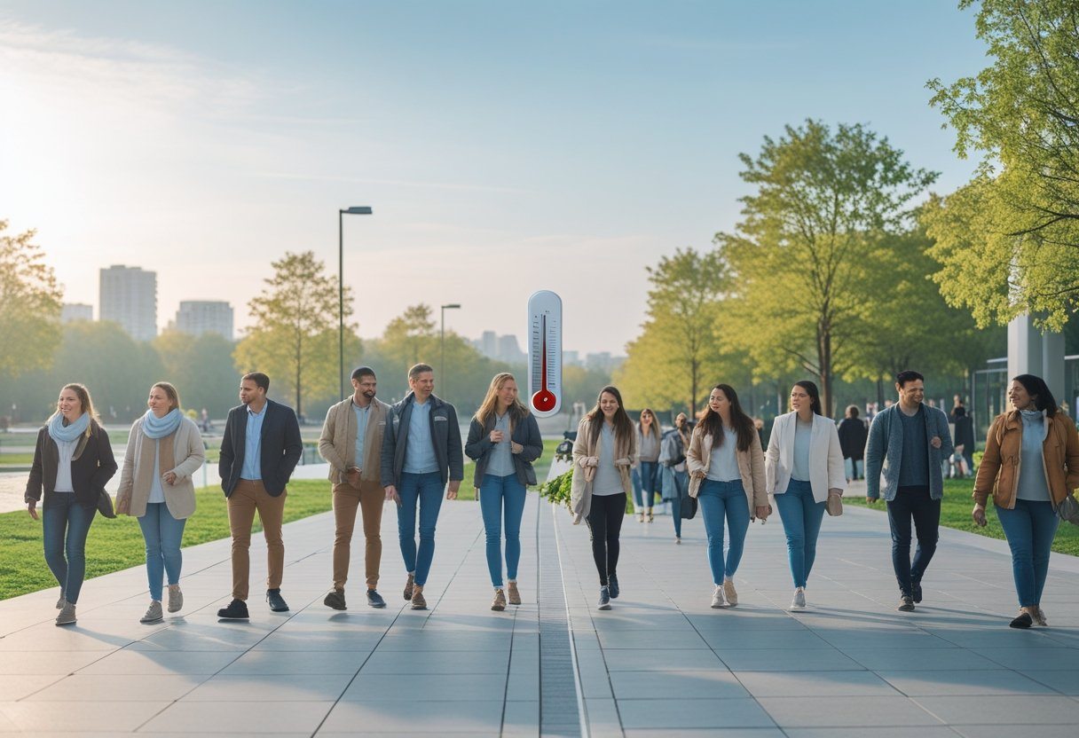 Grupo de pessoas ao ar livre em um parque urbano, algumas vestindo roupas leves e outras com jaquetas, em um dia ensolarado com céu claro e árvores ao fundo.