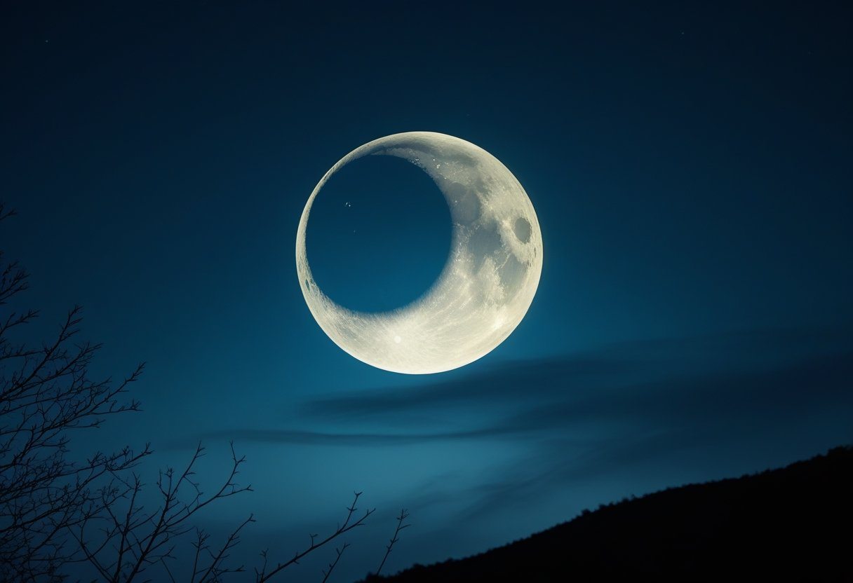 Céu noturno com uma lua crescente brilhante e suave, com algumas nuvens e silhuetas de árvores ao fundo.