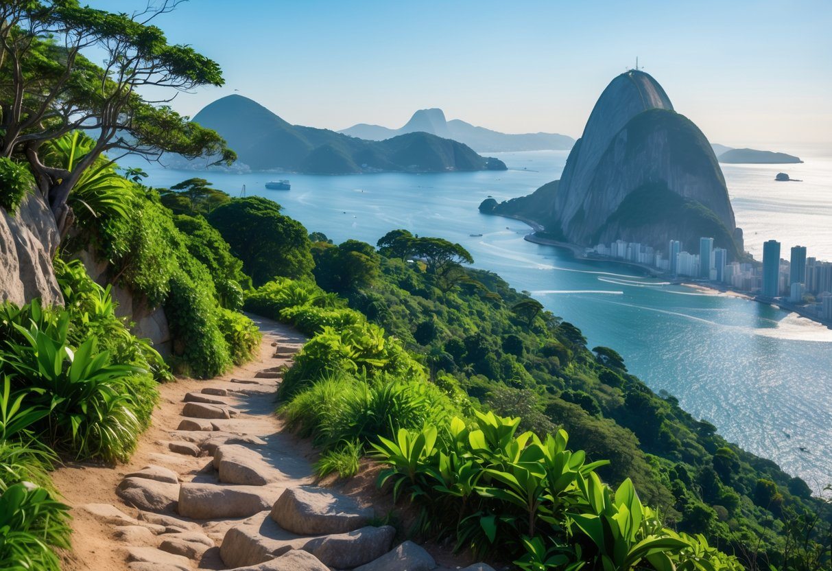 Vista da trilha da Urca com vegetação, pedras, o Pão de Açúcar e a Baía de Guanabara ao fundo sob céu azul.