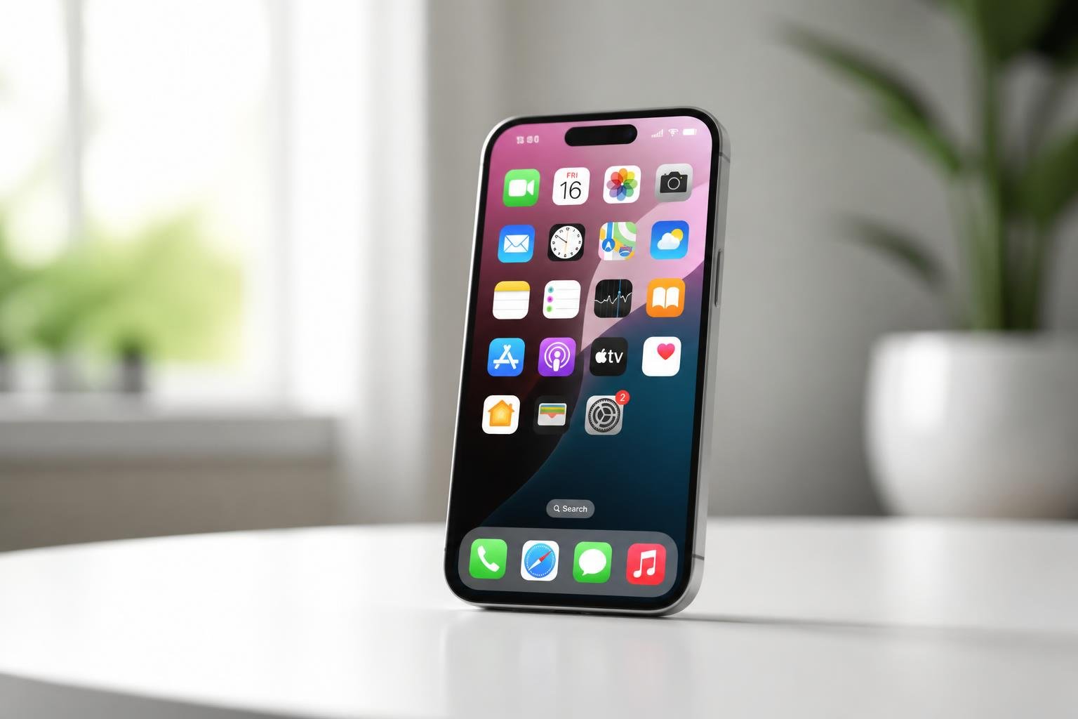 Um iPhone moderno sobre uma superfície branca, com a tela ligada mostrando ícones de aplicativos coloridos.