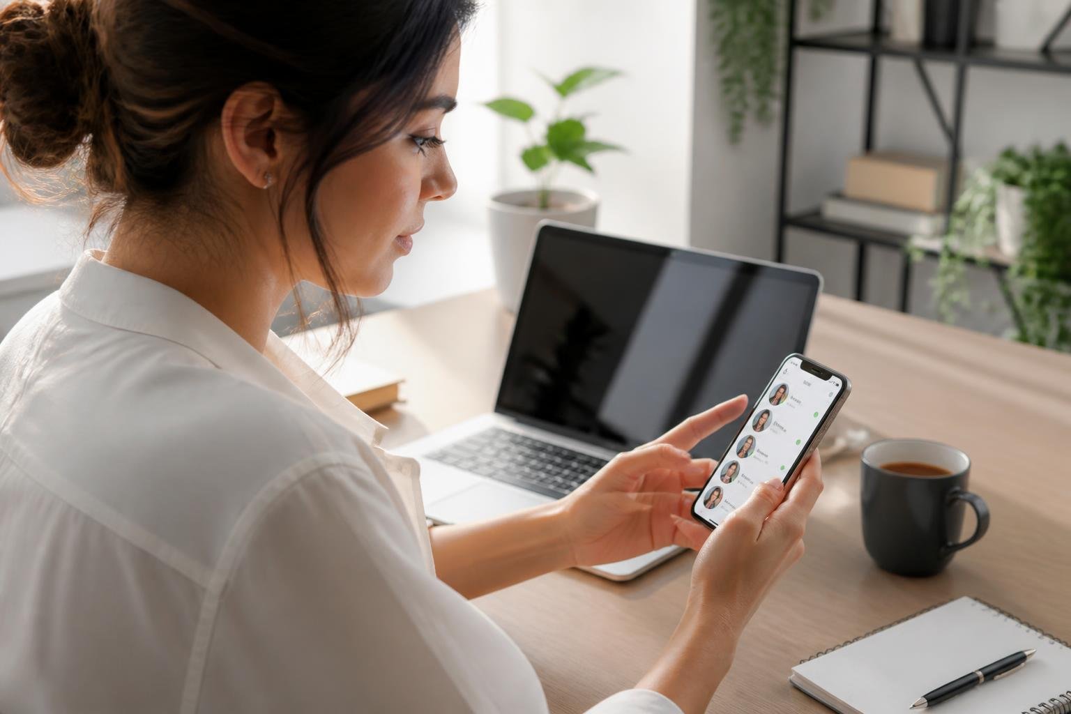 Pessoa usando smartphone em uma mesa moderna, olhando para a tela com atenção, em um ambiente de escritório doméstico iluminado.
