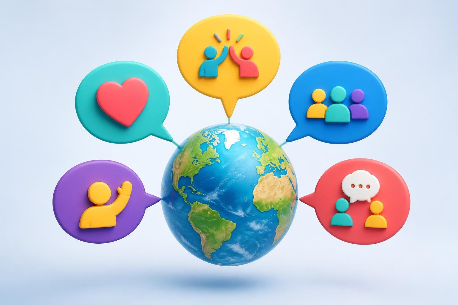 Um globo com cinco balões de fala coloridos saindo dele, representando comunicação global e palavras mais faladas no mundo.