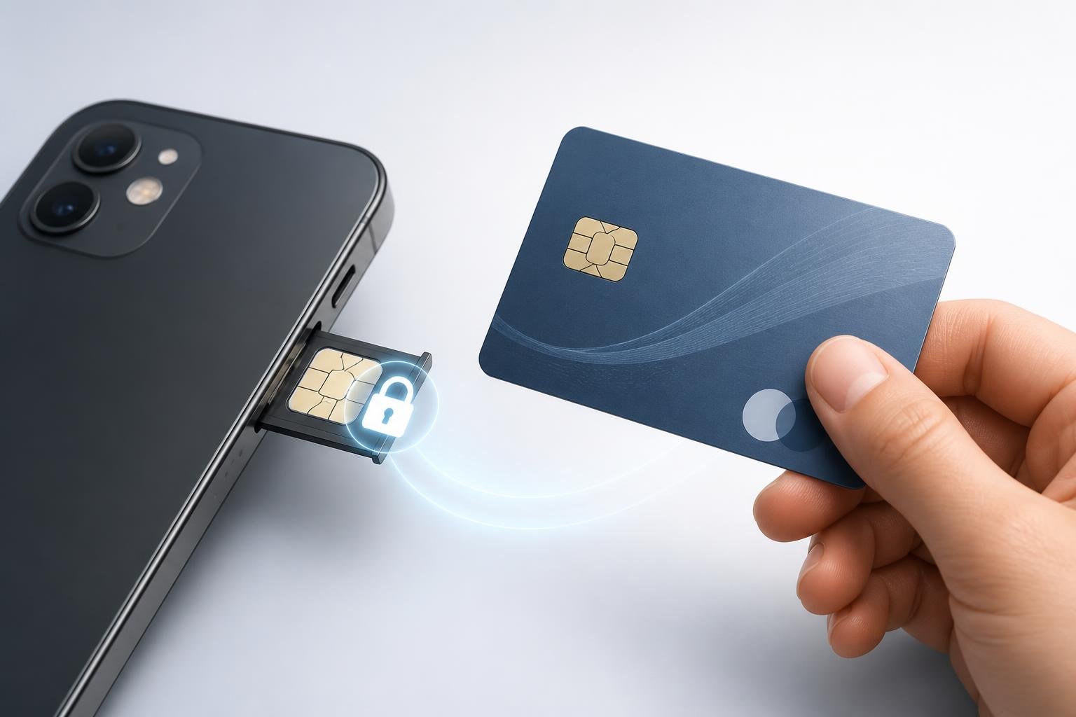 Um celular com um chip bloqueado indicado por um ícone de cadeado, e uma mão segurando um cartão de crédito próximo ao chip.