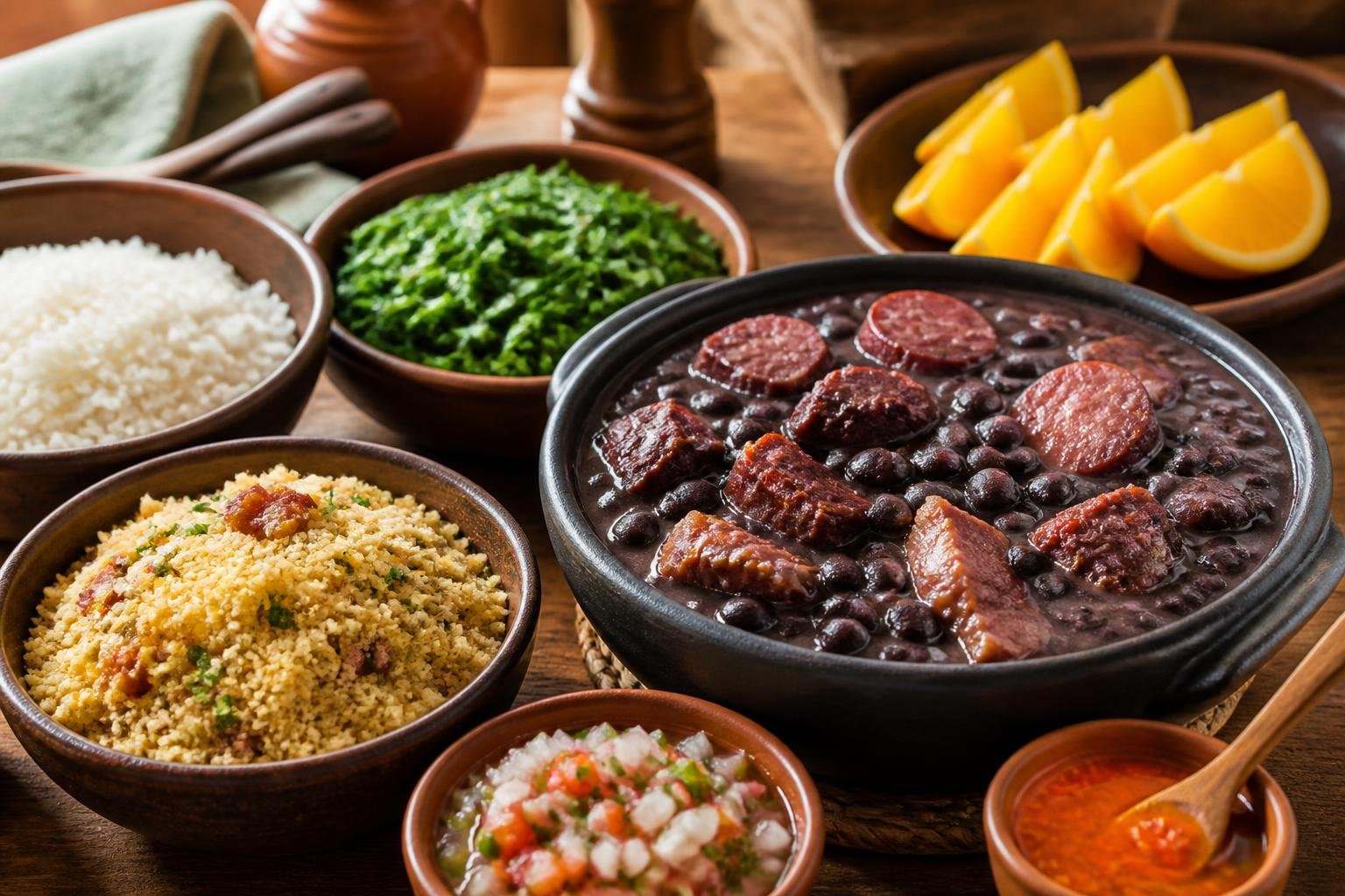 Mesa com pratos típicos da região sudeste do Brasil, incluindo feijoada, farofa, arroz branco, couve e fatias de laranja.