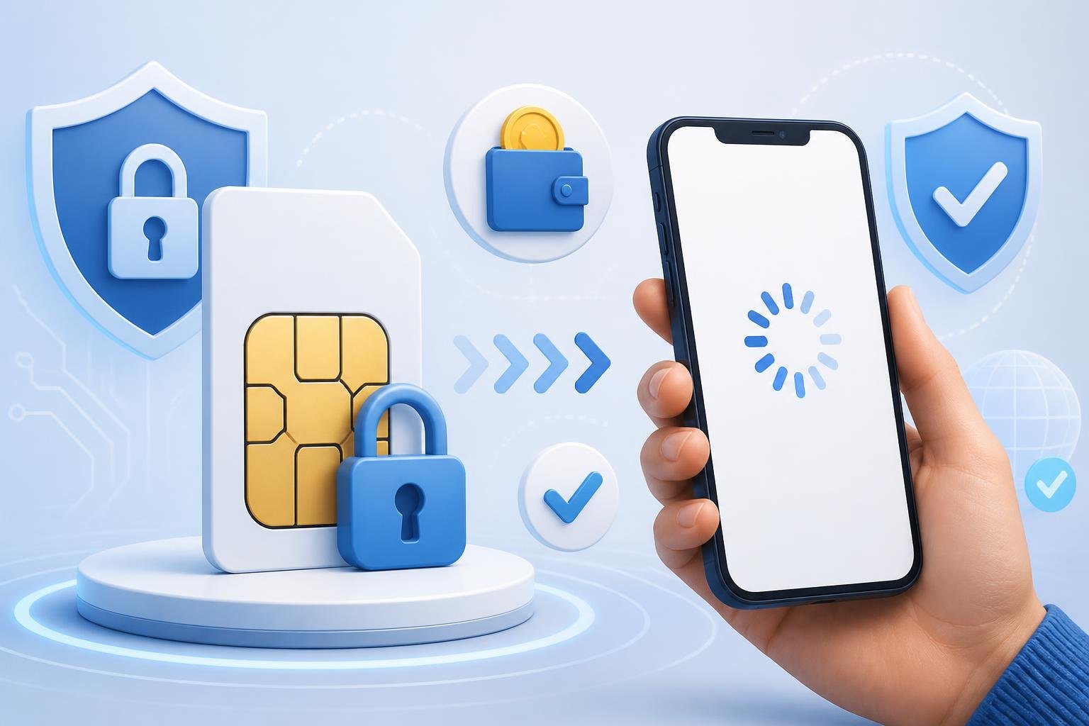 Ilustração mostrando um chip bloqueado com um ícone de cadeado e uma mão segurando um celular tentando adicionar crédito para desbloqueio.