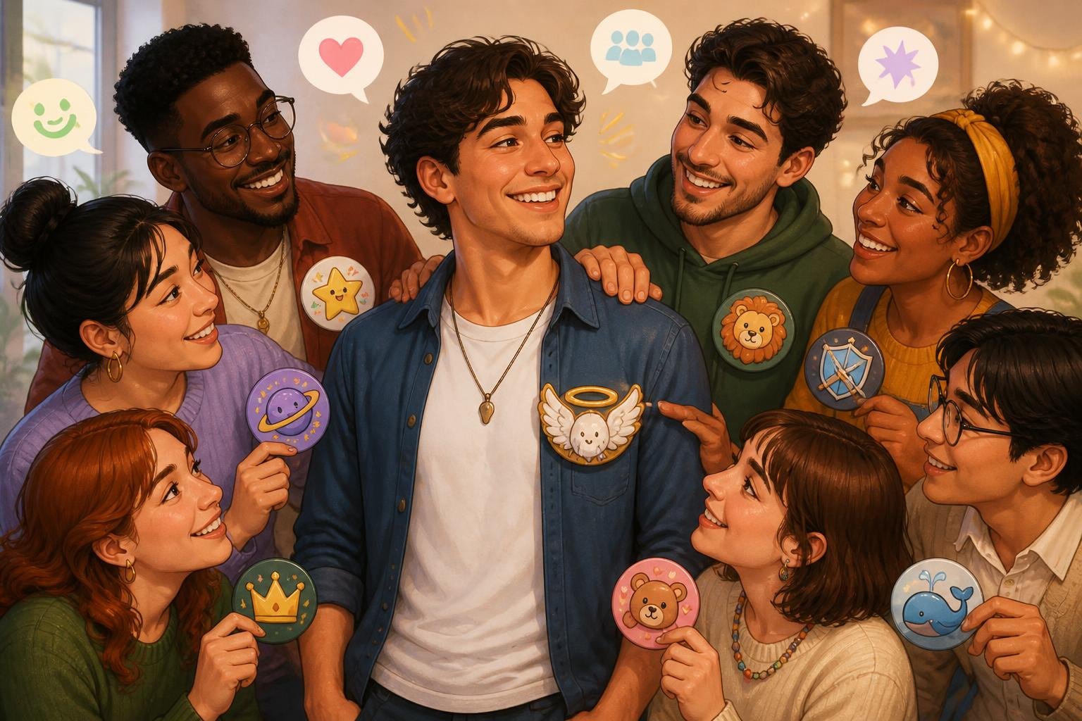 Um grupo de pessoas sorrindo e interagindo de forma amigável em um ambiente acolhedor, com um jovem ao centro cercado por amigos ou familiares.