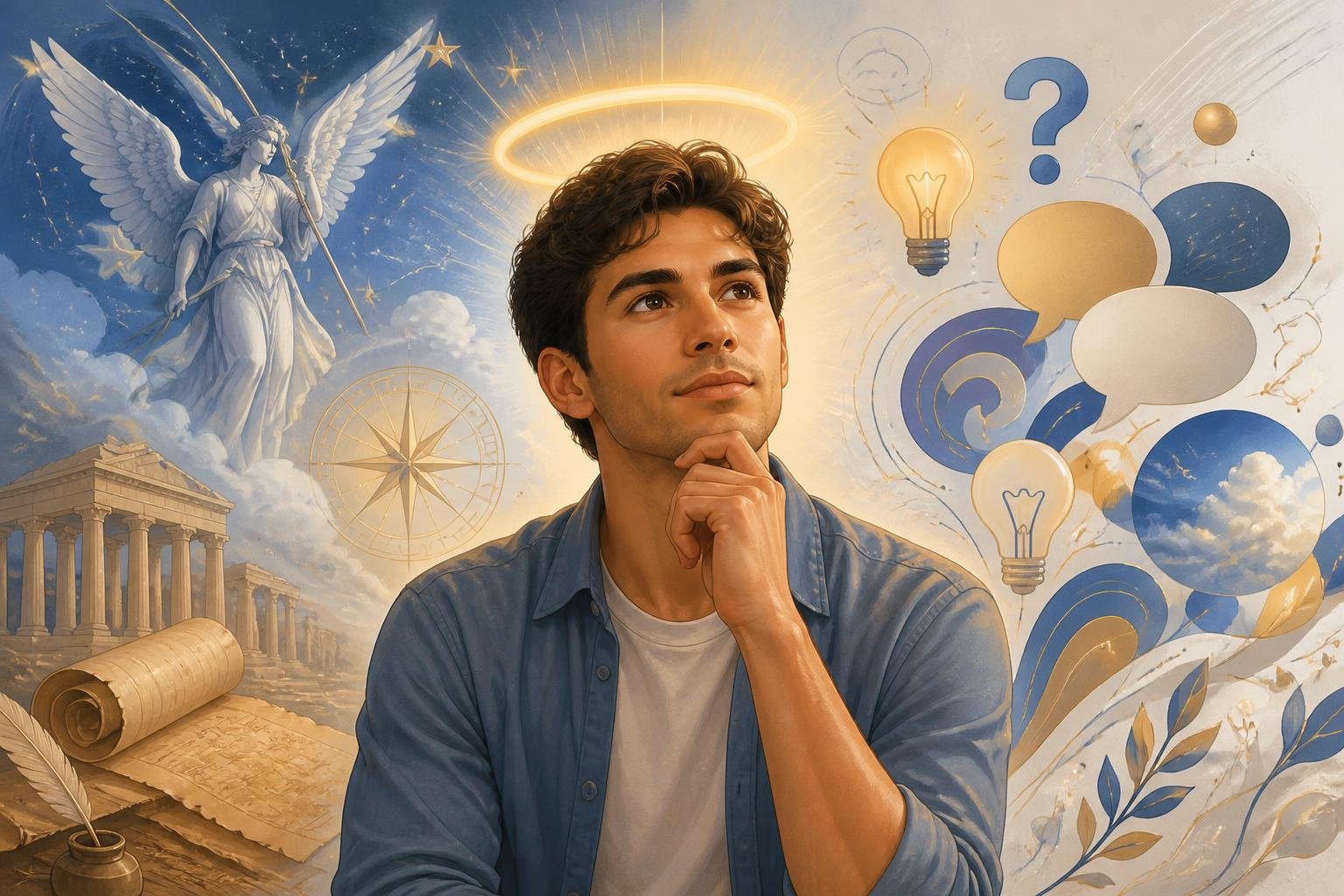 Um jovem homem pensativo rodeado por símbolos que representam significado, origem e inspiração para novos apelidos relacionados ao nome Gabriel.