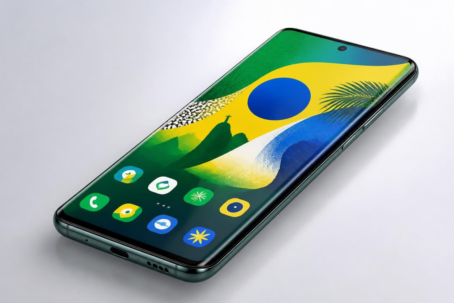 Um smartphone moderno brasileiro exibido em um ângulo que destaca seu design fino e tela grande, com cores inspiradas na bandeira do Brasil no visor.