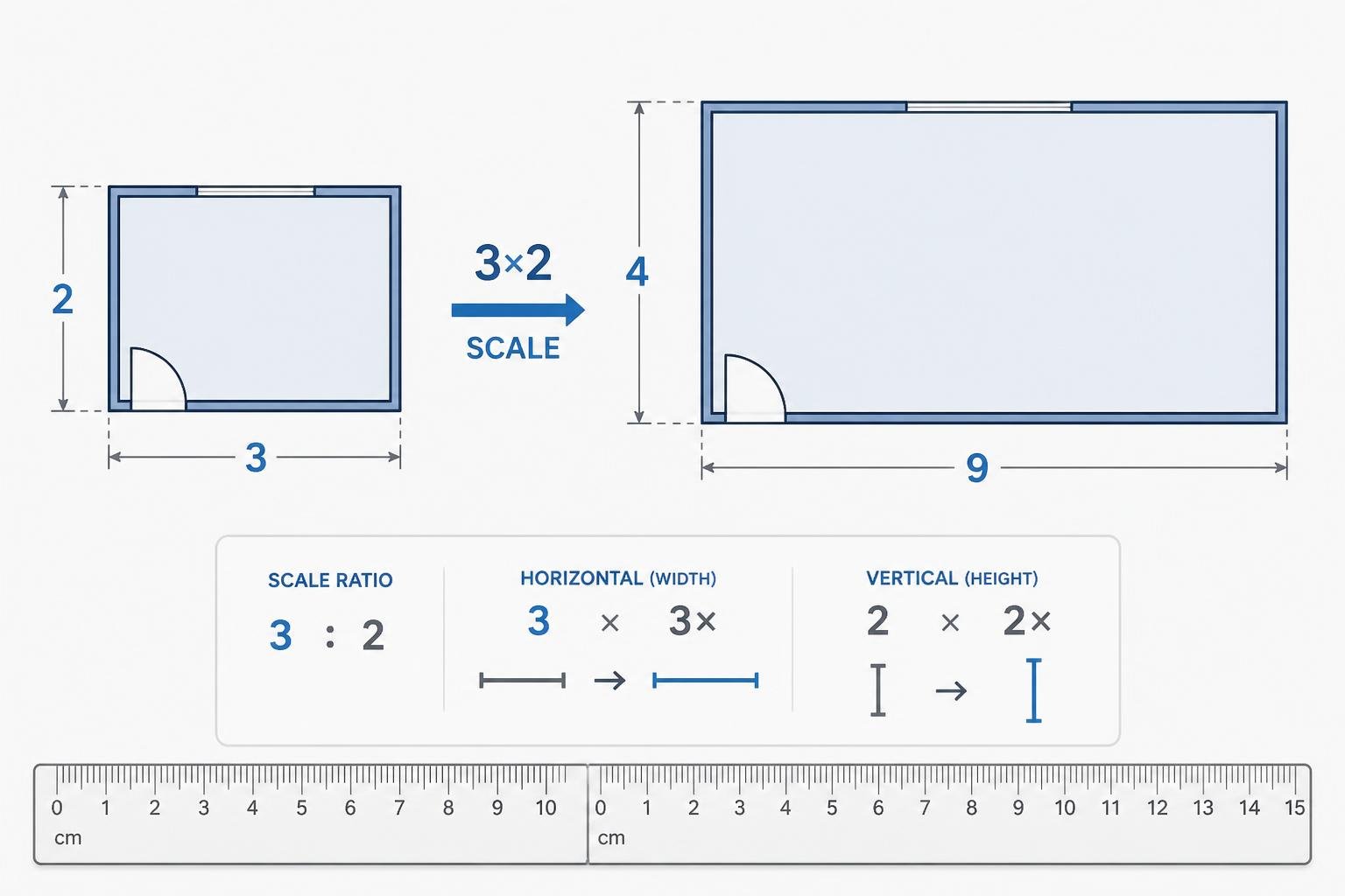 Ilustração mostrando a comparação entre um objeto original e sua versão ampliada na proporção de 3 para 2, com linhas de medição indicando a escala.