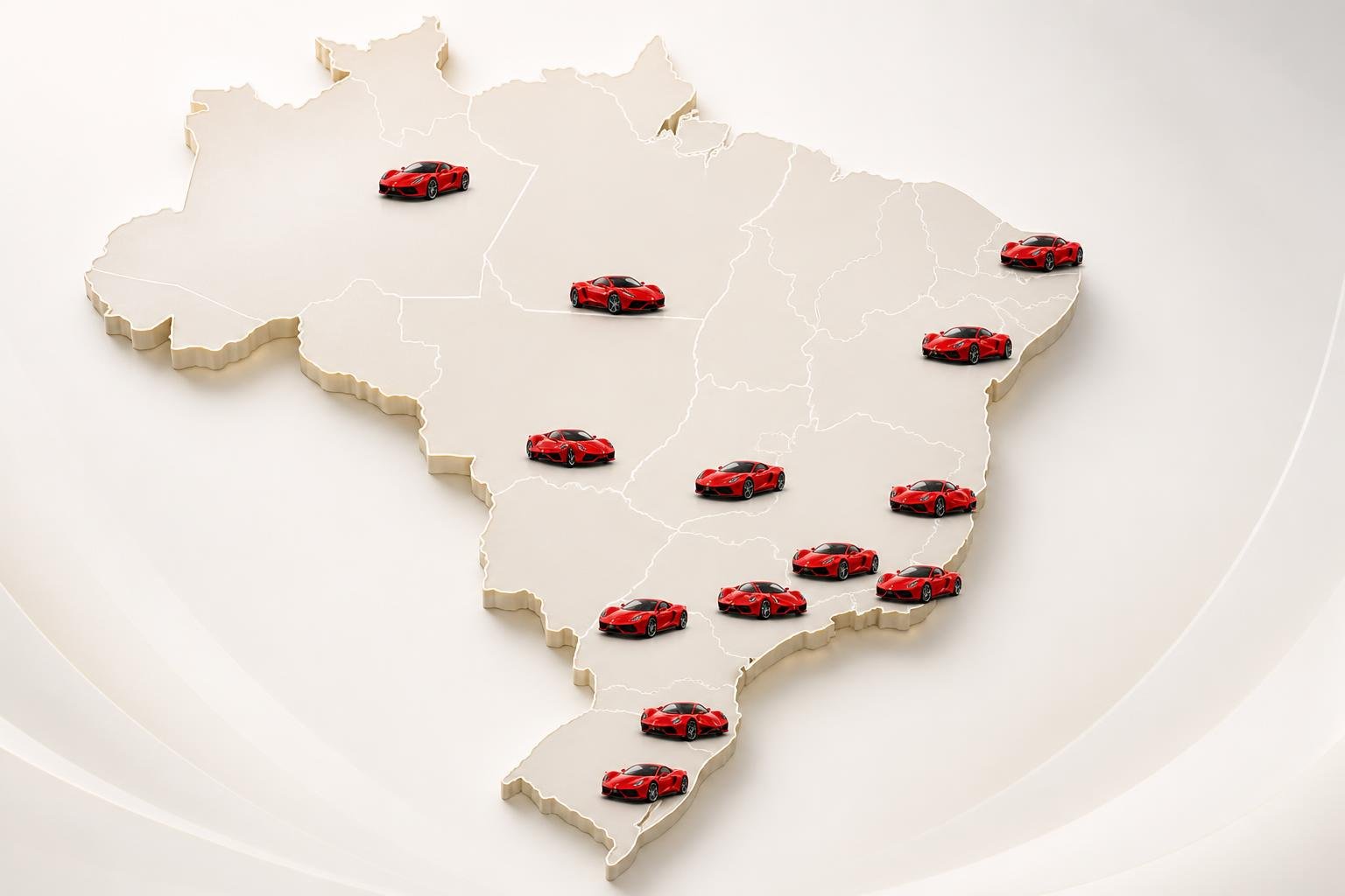 Mapa do Brasil com ícones de carros Ferrari vermelhos espalhados pelas principais cidades.