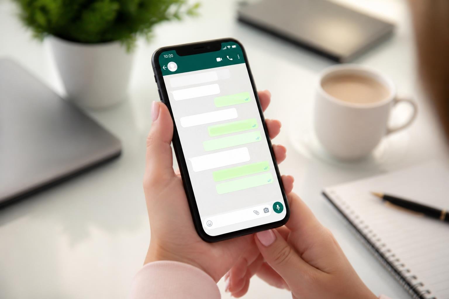 Pessoa segurando um smartphone mostrando uma conversa no WhatsApp em uma mesa organizada.