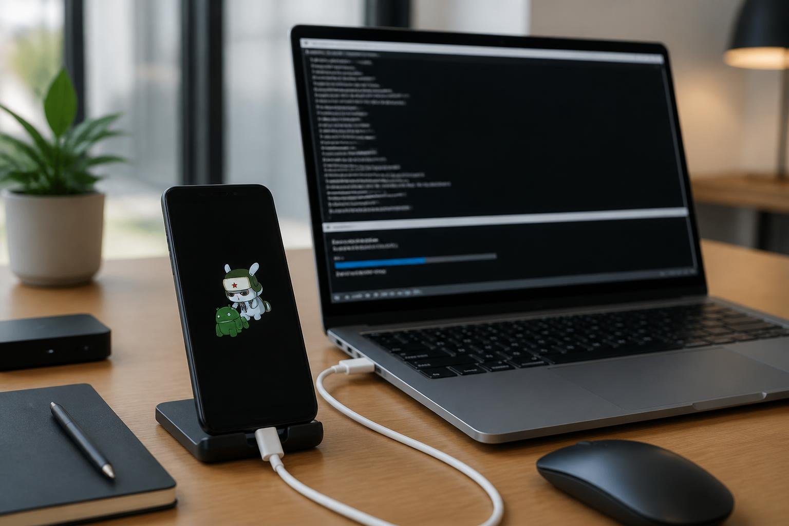 Um smartphone Xiaomi conectado a um laptop em uma mesa de trabalho, mostrando um processo técnico em andamento.