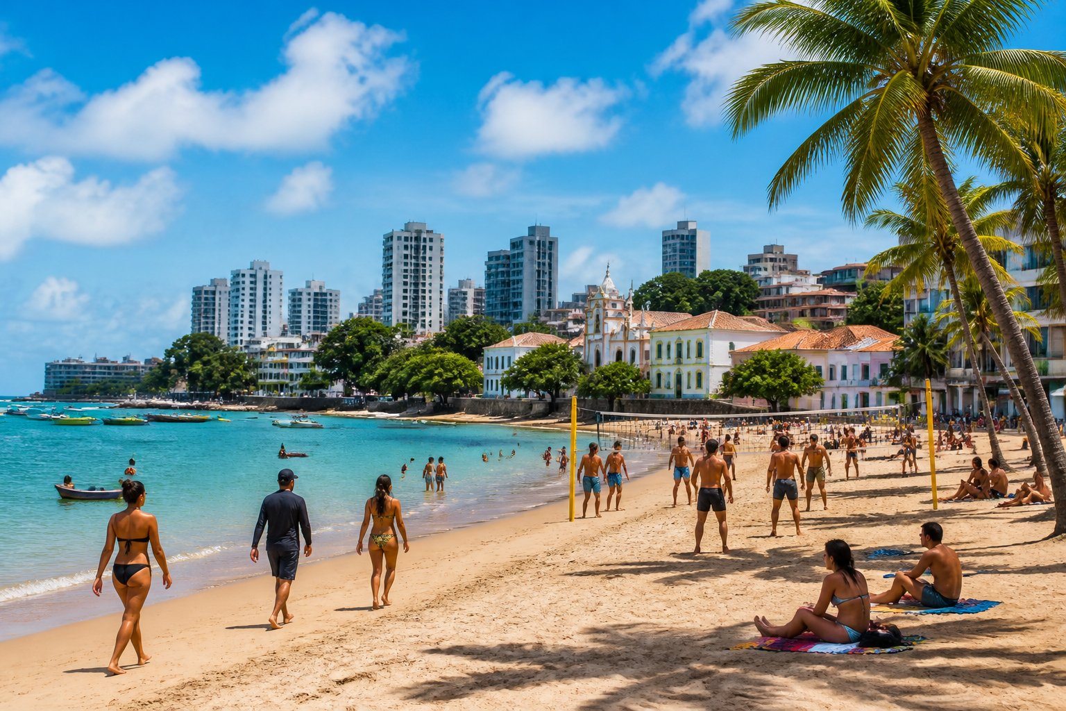 Praia de João Pessoa com areia dourada, mar azul, pessoas aproveitando o dia, coqueiros e construções ao fundo.