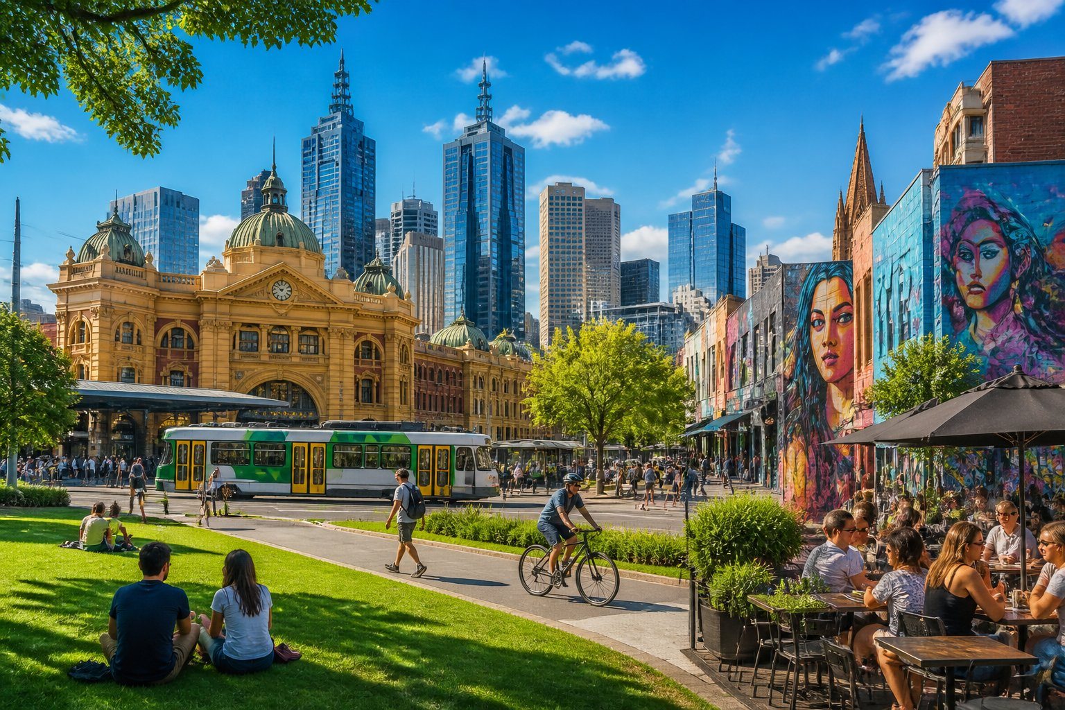 Cena diurna da cidade de Melbourne com arranha-céus, a estação Flinders Street, arte de rua colorida, pessoas caminhando e ciclistas em um parque urbano movimentado.