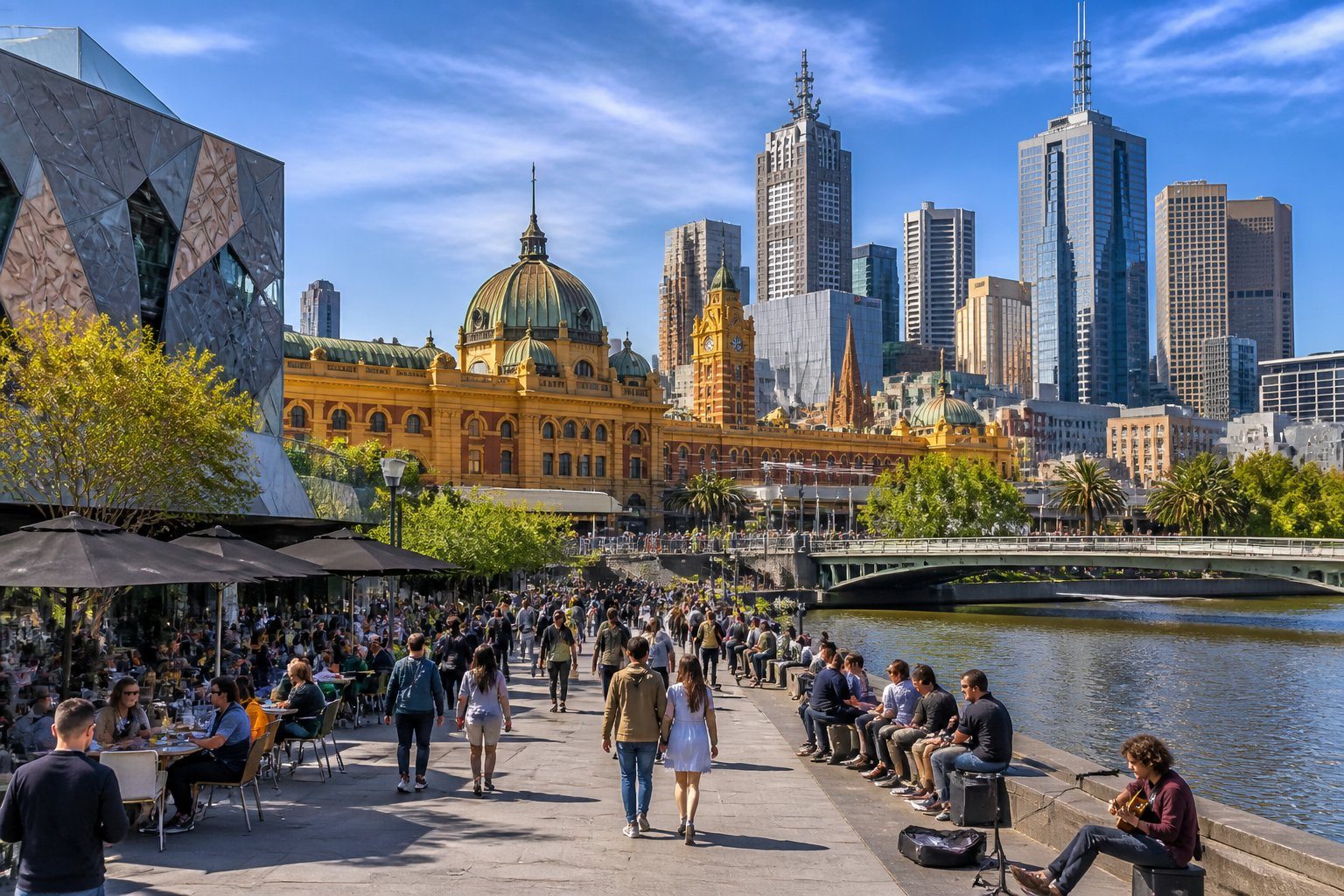 Vista do centro de Melbourne com pessoas caminhando perto de edifícios históricos e modernos, incluindo a estação Flinders Street e a margem do rio Yarra.