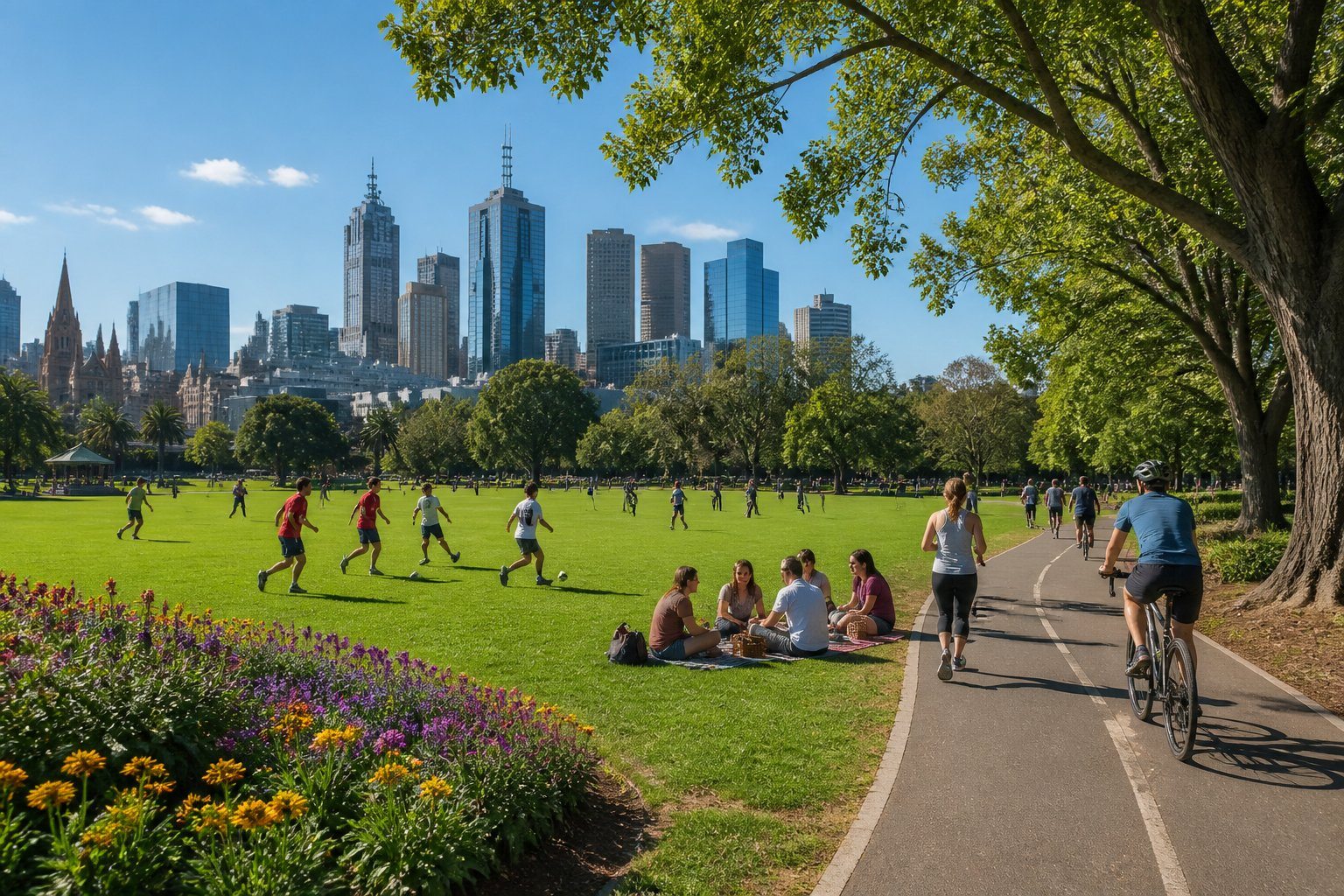 Pessoas aproveitando um parque em Melbourne, com áreas verdes, flores, pessoas jogando futebol, fazendo piquenique e andando de bicicleta sob um céu azul.