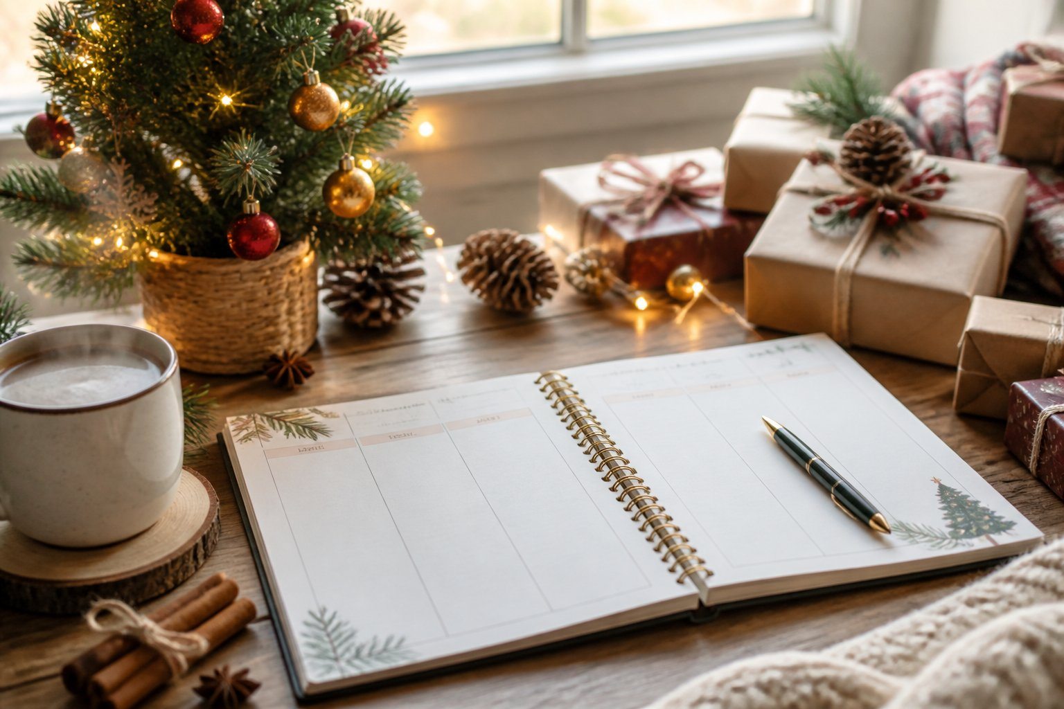 Mesa de trabalho com um planner aberto e itens natalinos ao redor, como árvore de Natal pequena, pinhas e luzes decorativas, criando um ambiente acolhedor para planejamento de sete dias de Natal.