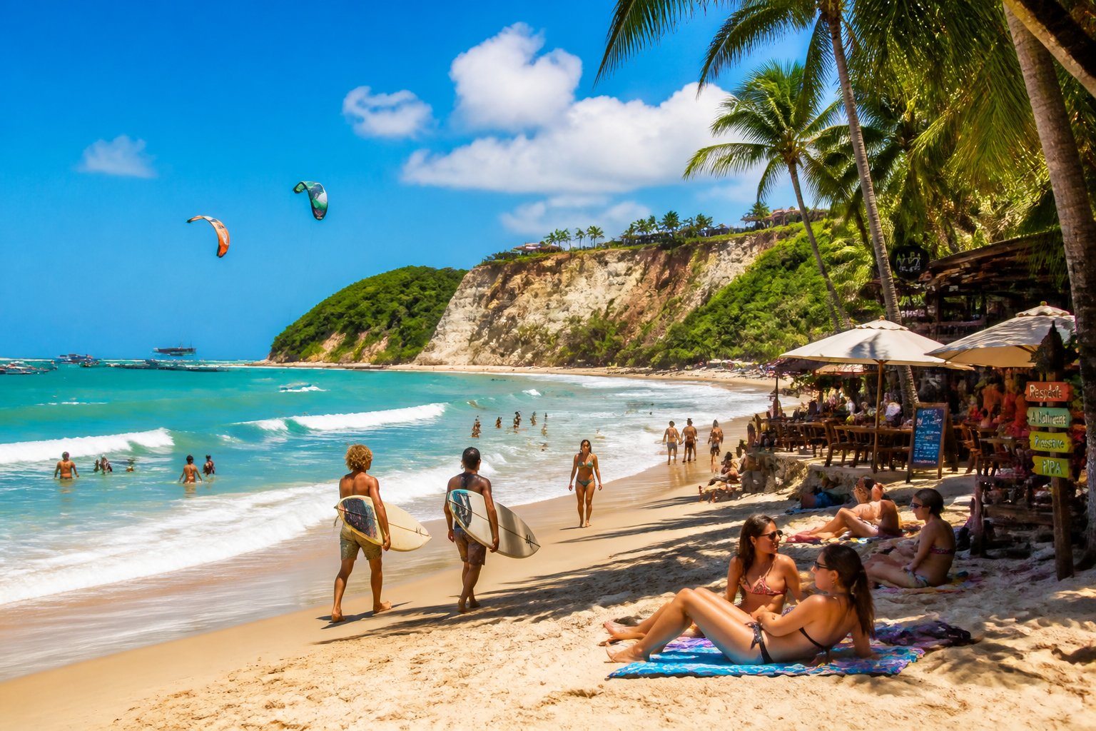 Praia de Pipa com turistas aproveitando o sol, surfando, explorando formações rochosas e relaxando em uma cafeteria à beira-mar, cercada por coqueiros e mar azul.