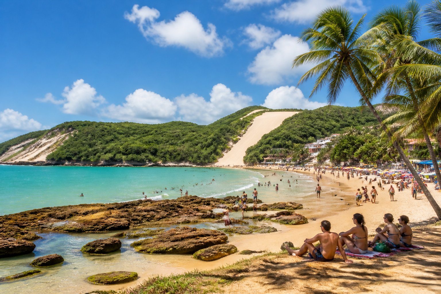 Praia tropical em Natal com areia dourada, mar azul, turistas aproveitando o sol e formações rochosas ao fundo.