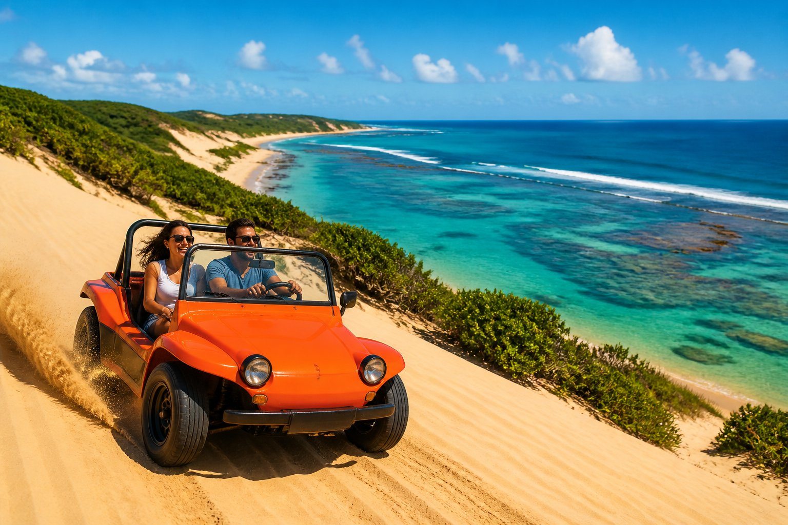 Dunas de areia com um buggy colorido passando, mar azul com recifes visíveis e vegetação verde ao fundo.
