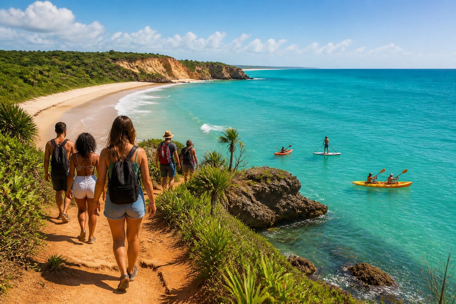 Pessoas praticando atividades ao ar livre na praia e falésias de Pipa, com mar azul e vegetação tropical ao redor.