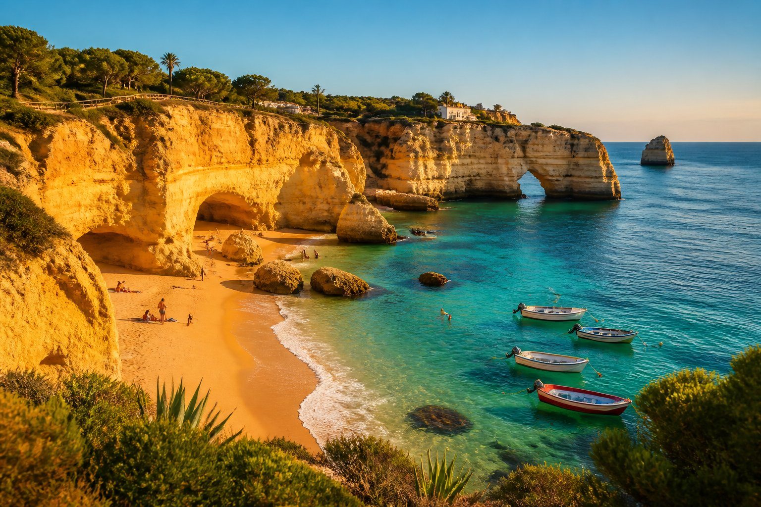 Vista costeira do Algarve com falésias, águas azuis, barcos de pesca e pessoas aproveitando a praia ao entardecer.