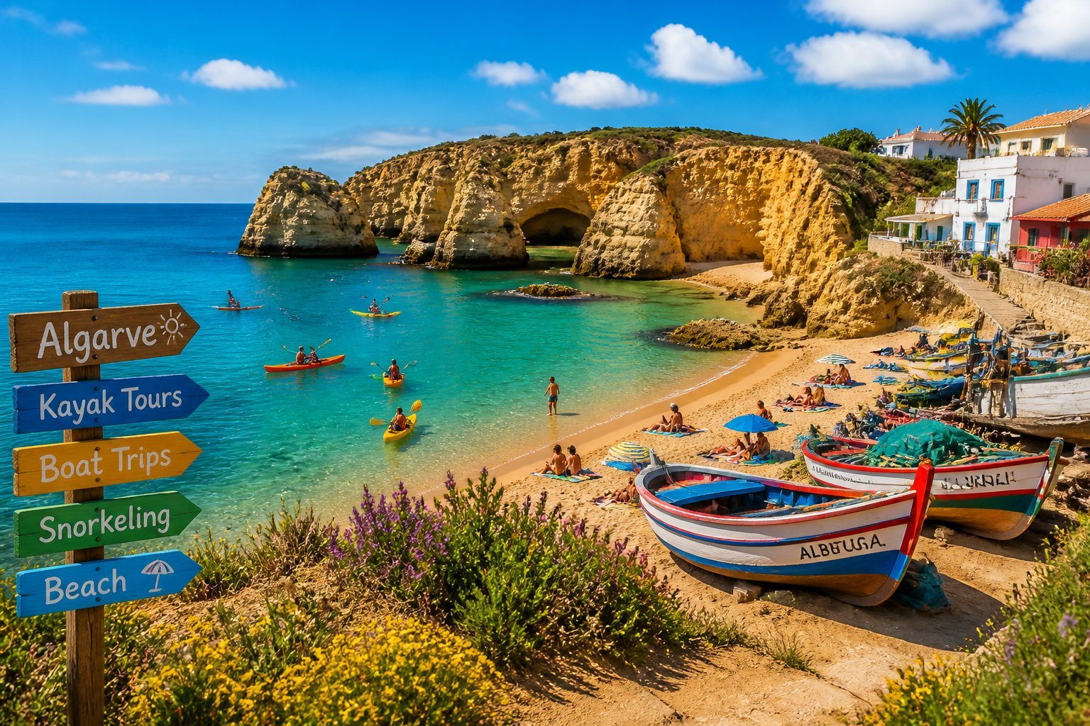 Turistas aproveitando atividades ao ar livre na costa do Algarve com praias, águas claras, barcos coloridos e falésias ao fundo.