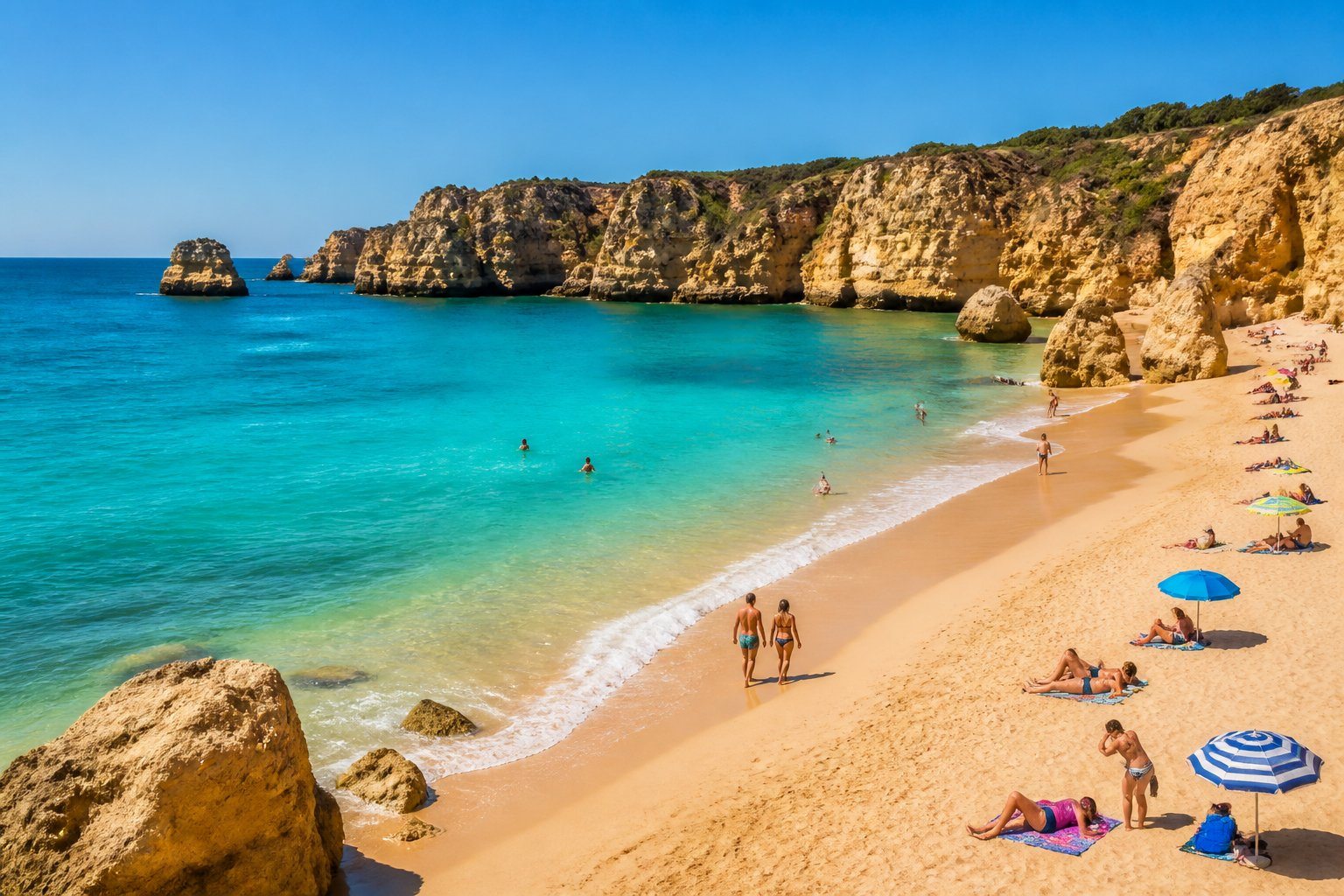 Praia do Algarve com areia dourada, mar azul e formações rochosas, pessoas aproveitando o dia ensolarado.