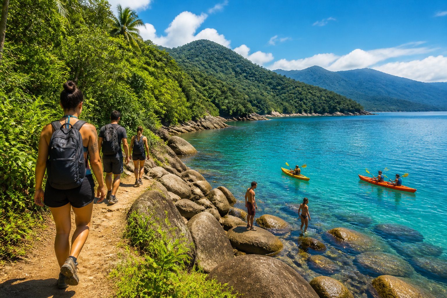 Pessoas praticando atividades ao ar livre em uma paisagem tropical com floresta, praia e mar em São Sebastião.