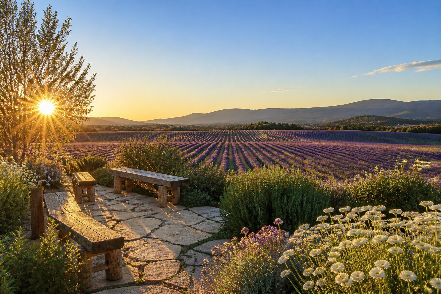 Campos de lavanda roxos com bancos rústicos e caminhos de pedra em área tranquila para contemplação, sob céu azul claro.