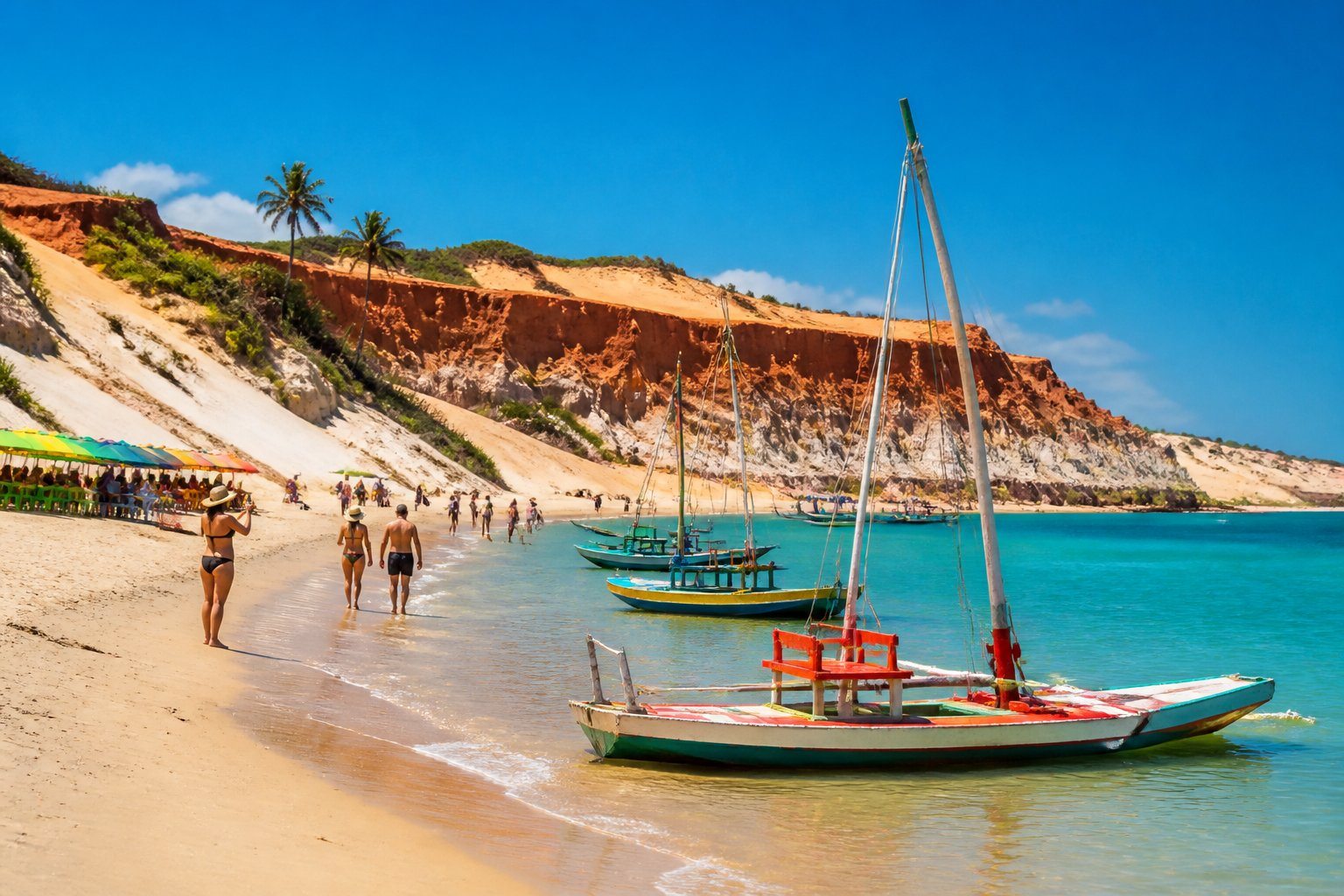 Praia de Canoa Quebrada com dunas, jangadas coloridas na água e falésias vermelhas ao fundo, com turistas aproveitando o local.