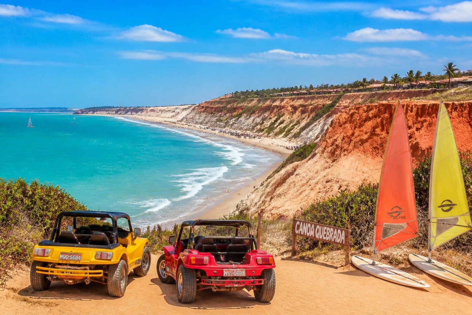 Praia de Canoa Quebrada com falésias vermelhas, areia dourada, mar azul e vegetação verde ao redor.
