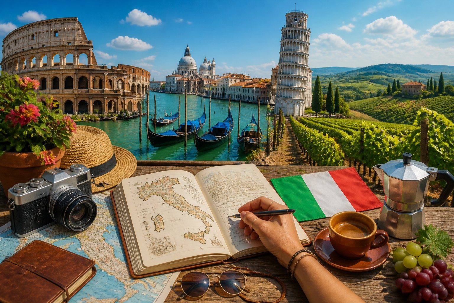 Cena mostrando pontos turísticos famosos da Itália como o Coliseu, canais de Veneza, Torre de Pisa e vinhedos da Toscana, com um mapa de viagem e acessórios sobre uma mesa.