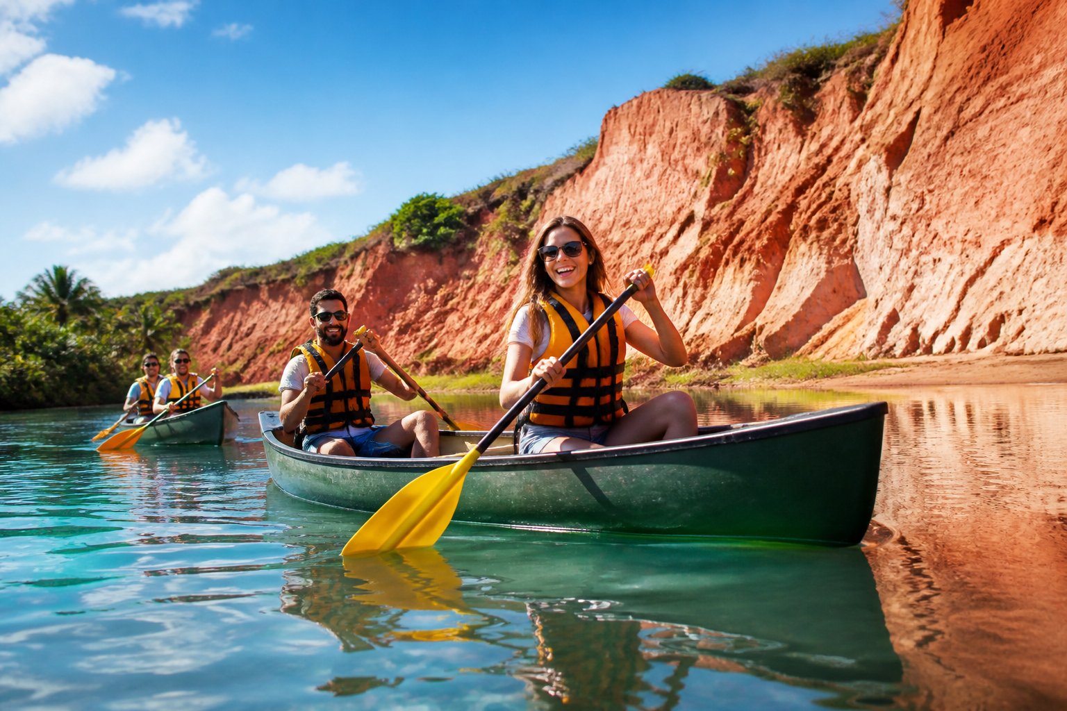 Grupo de pessoas remando em canoas nas águas calmas perto de falésias vermelhas e vegetação em Canoa Quebrada.