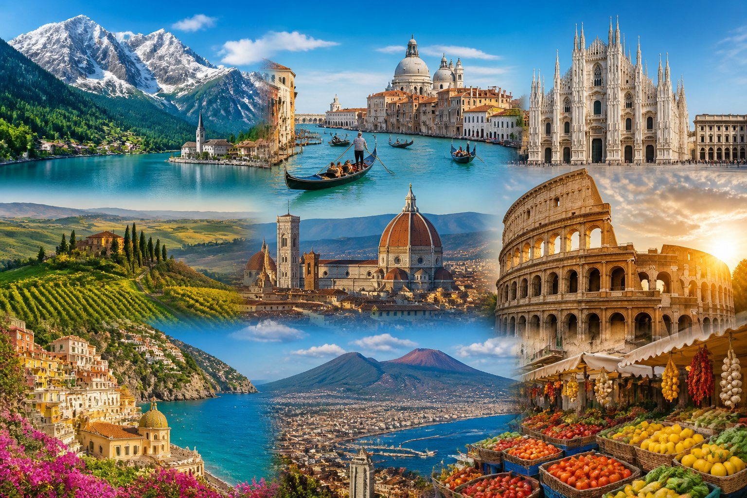 Paisagens e pontos turísticos representando as regiões Norte, Centro e Sul da Itália, incluindo montanhas, canais, coliseu, vinhedos, costa e vilarejos coloridos.