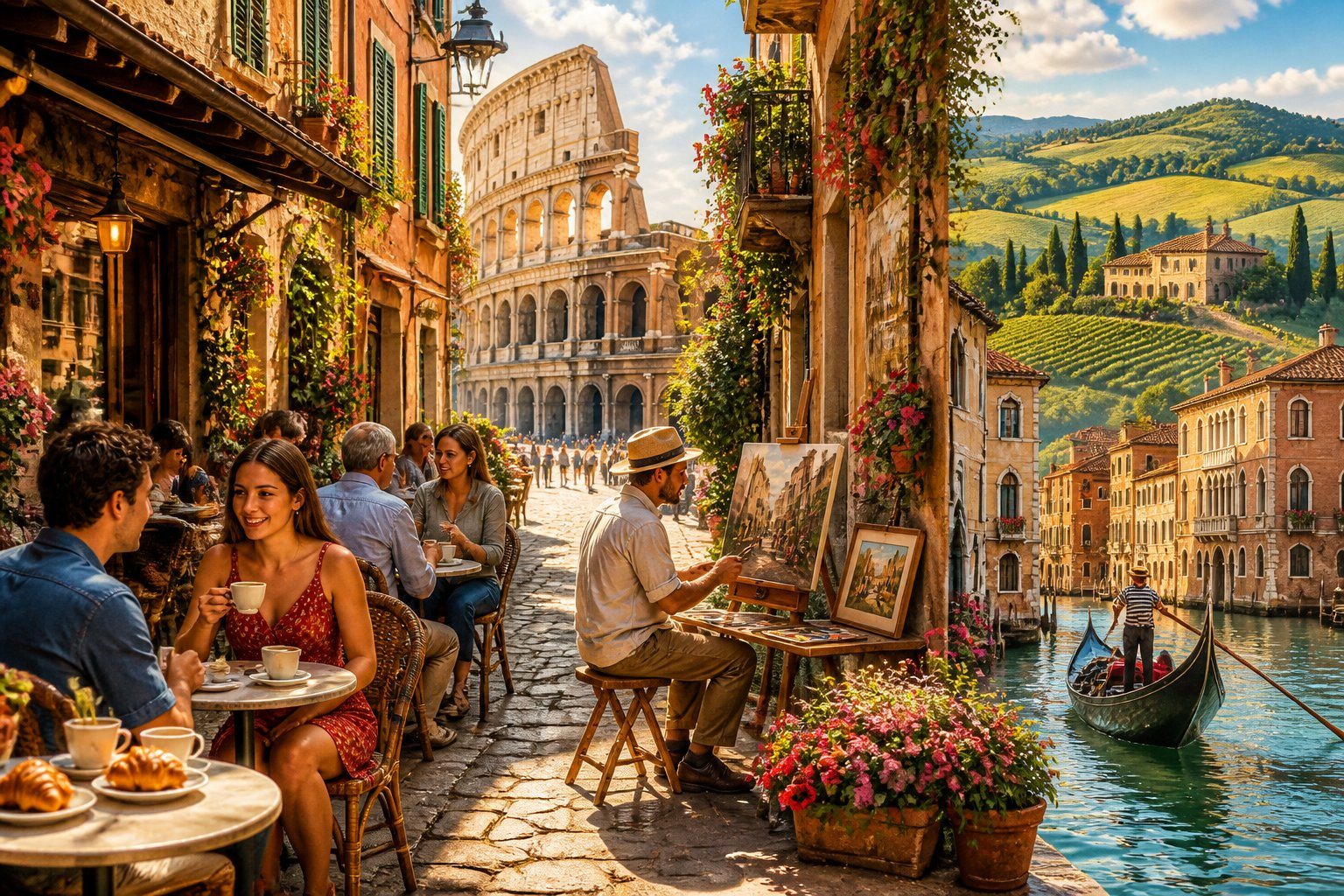 Rua histórica italiana com arquitetura renascentista, pessoas em um café ao ar livre, artista pintando e paisagens típicas da Itália ao fundo.