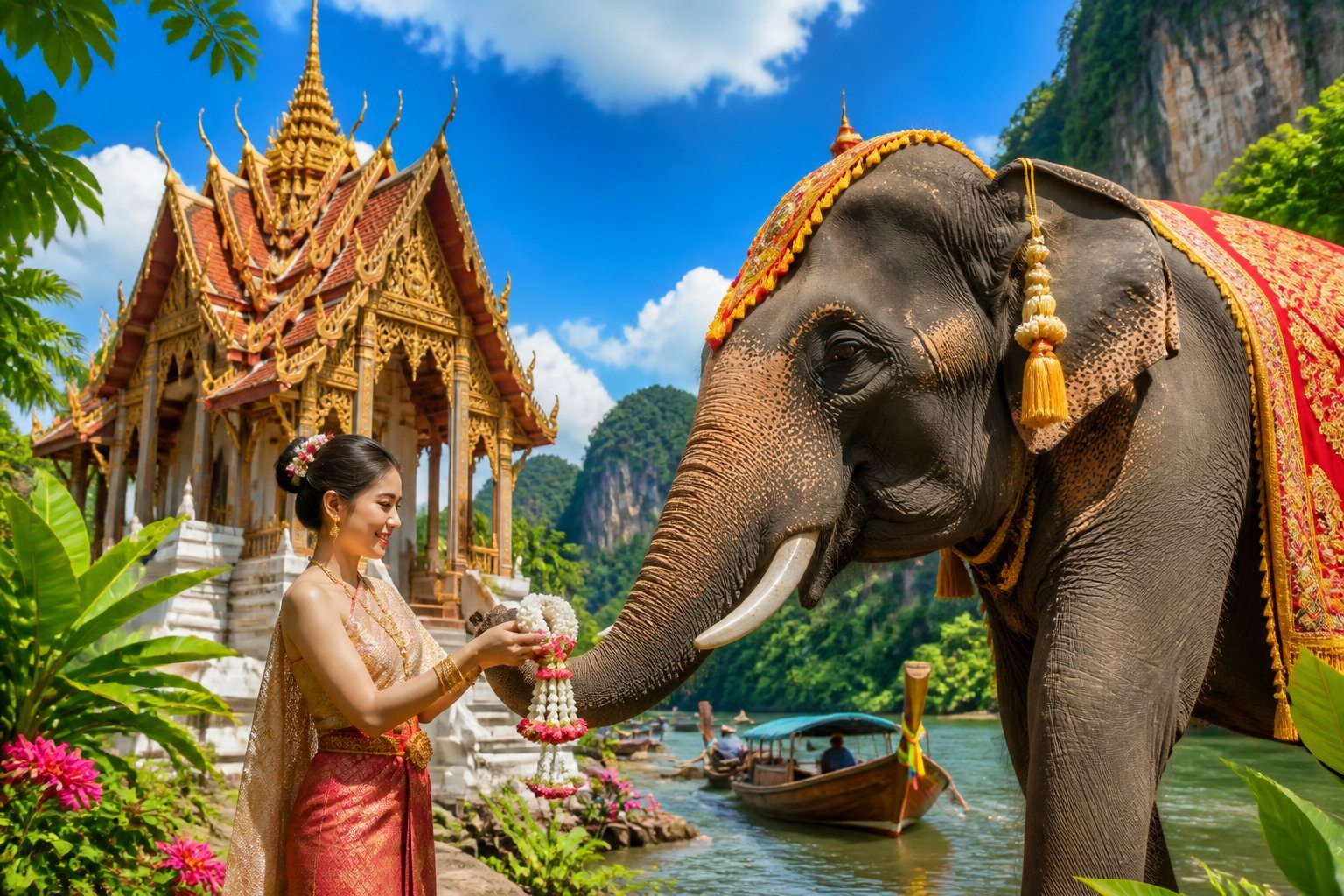 Templo tailandês dourado com um elefante decorado e uma mulher vestida com roupa tradicional perto de um rio cercado por vegetação tropical.