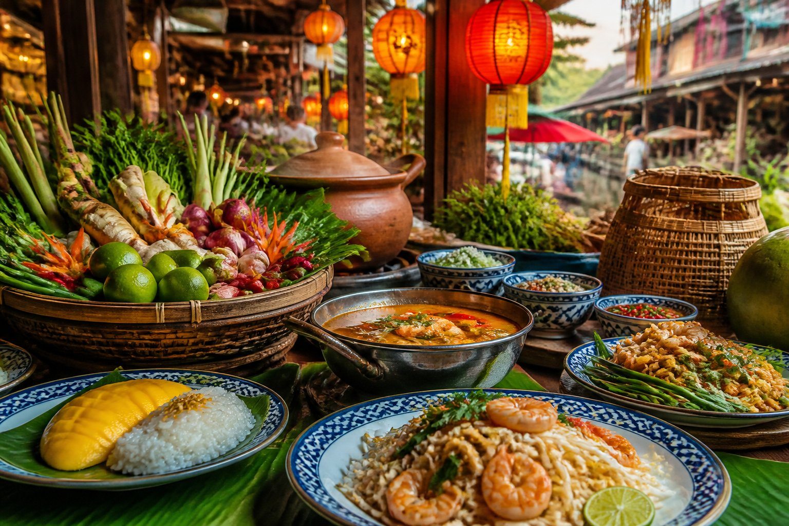 Mercado de comida tailandesa com pratos tradicionais, ingredientes frescos e decoração típica ao fundo.