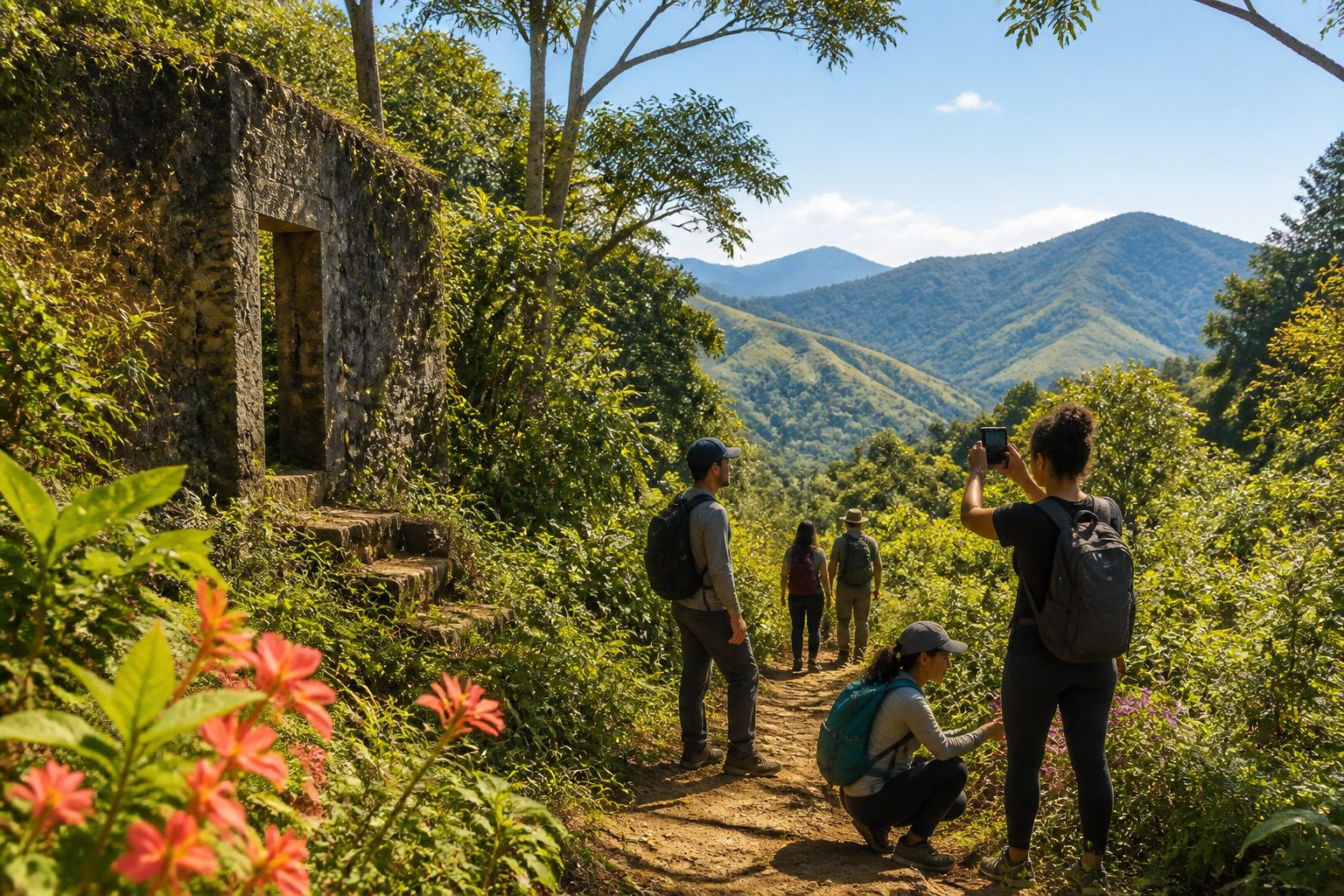 Trilha cercada por vegetação verde com árvores nativas, flores coloridas e um grupo de pessoas caminhando em um dia ensolarado no interior de São Paulo.