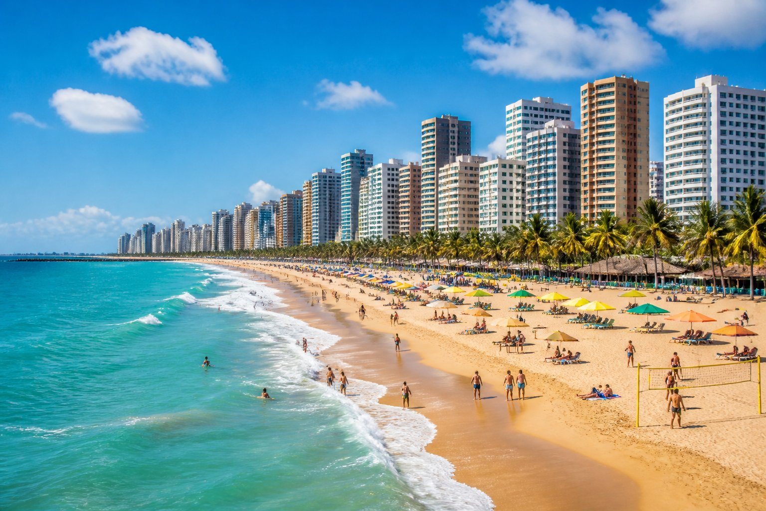 Vista panorâmica da praia de Fortaleza com areia dourada, mar azul e prédios altos ao fundo, mostrando pessoas aproveitando o dia ensolarado na praia.