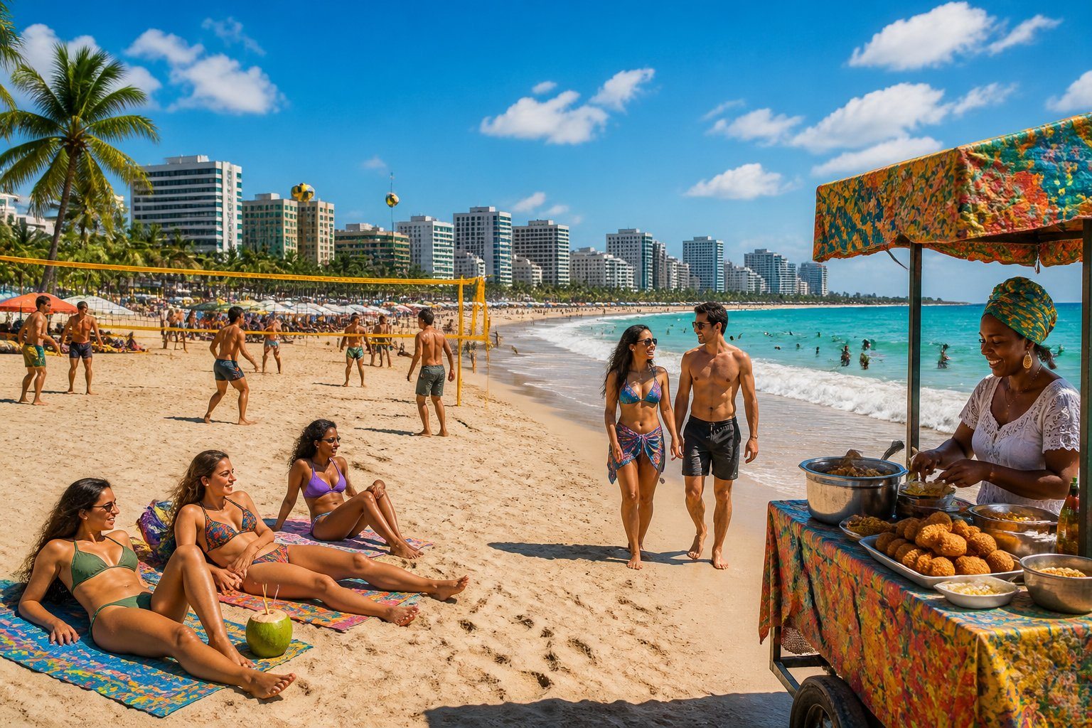 Turistas aproveitando a praia de Fortaleza com mar azul, areia dourada, vendedores de comida típica e edifícios ao fundo.