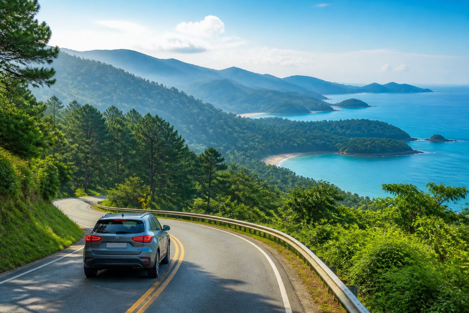 Estrada sinuosa entre montanhas verdes e vegetação tropical com um carro moderno, mostrando a rota de Campos do Jordão para Ubatuba.