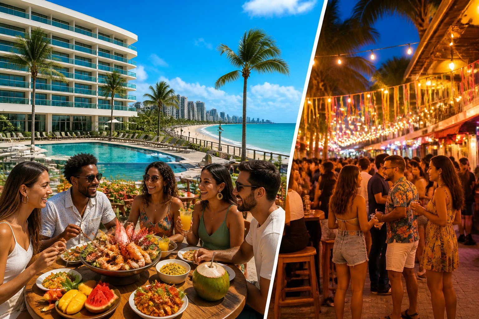 Hotel à beira-mar em Fortaleza com turistas aproveitando comida local em restaurante ao ar livre e pessoas socializando em bares iluminados à noite.