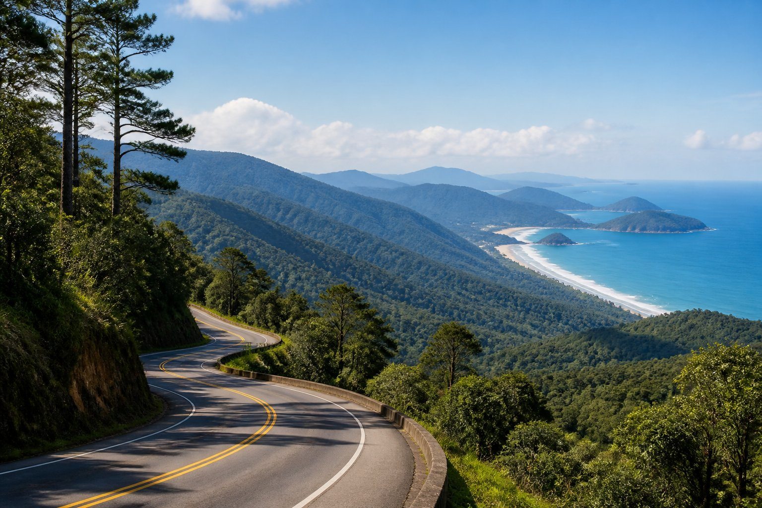 Estrada sinuosa entre montanhas verdes e floresta, com vista para o mar azul e praias ao fundo.
