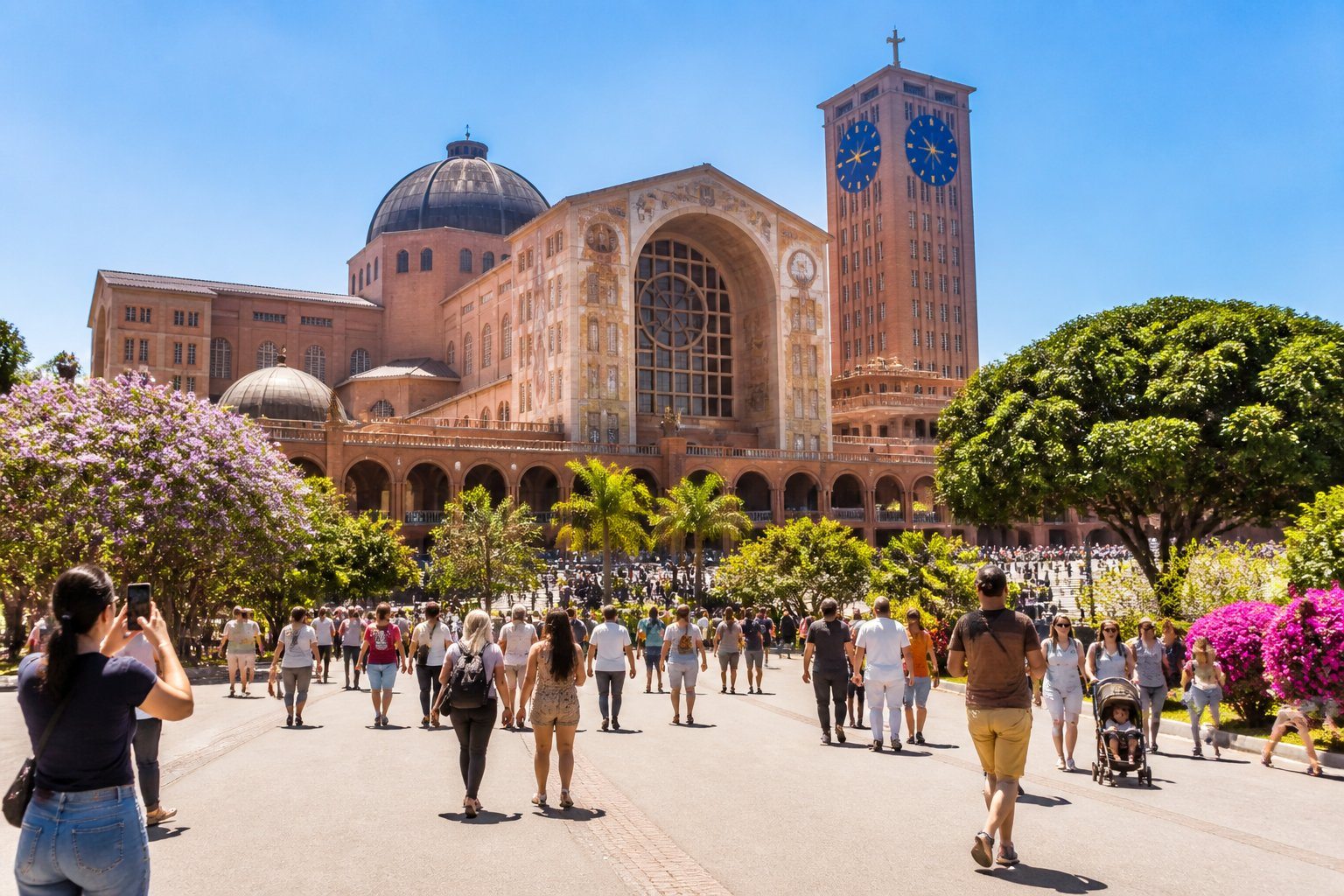 Vista da Basílica de Aparecida com visitantes caminhando e admirando o local sob céu azul.