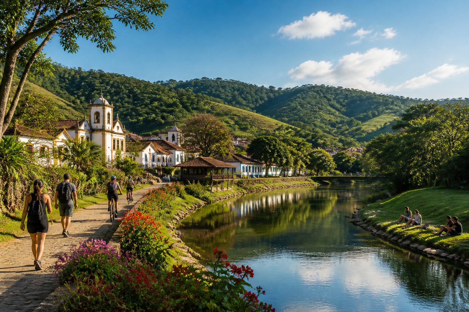 Vista de Guararema com colinas verdes, rio tranquilo, pessoas aproveitando atividades ao ar livre e casas tradicionais ao fundo.