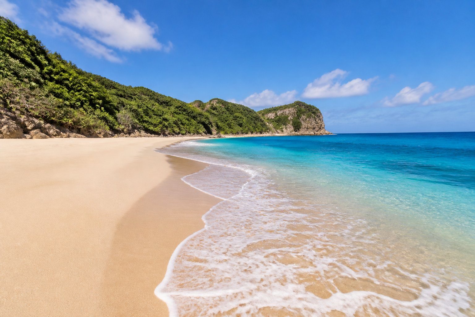 Praia do Felix com areia branca, mar azul e vegetação verde ao redor.