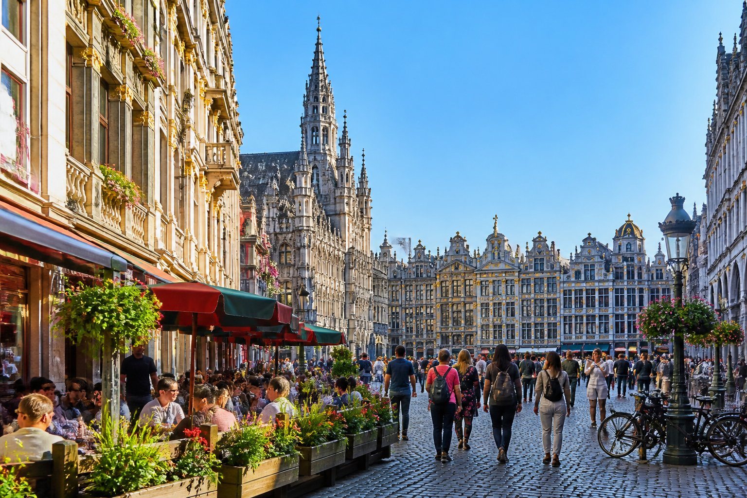 Rua movimentada em Bruxelas com pessoas caminhando, arquitetura histórica e cafés ao ar livre sob céu azul.