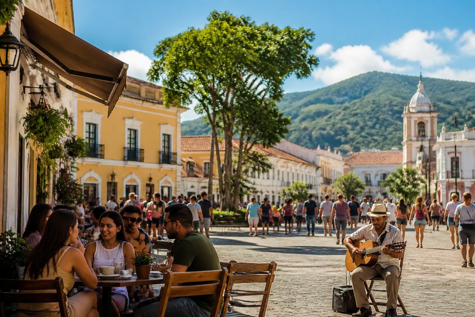 Praça movimentada em Taubaté com pessoas aproveitando o dia, cafés ao ar livre, músicos de rua e colinas verdes ao fundo.